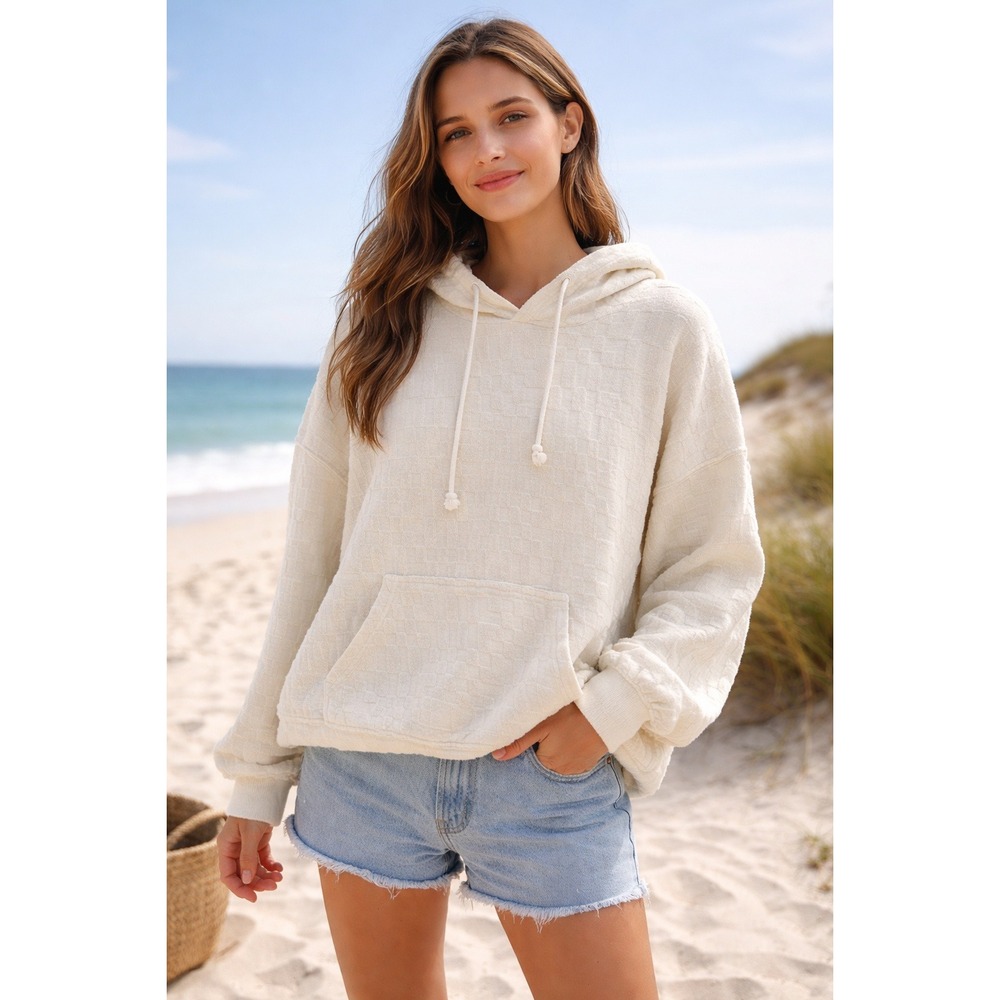 Billabong Hoodie Womens XL White Textured Pullover Surf Coastal Relaxed Fit